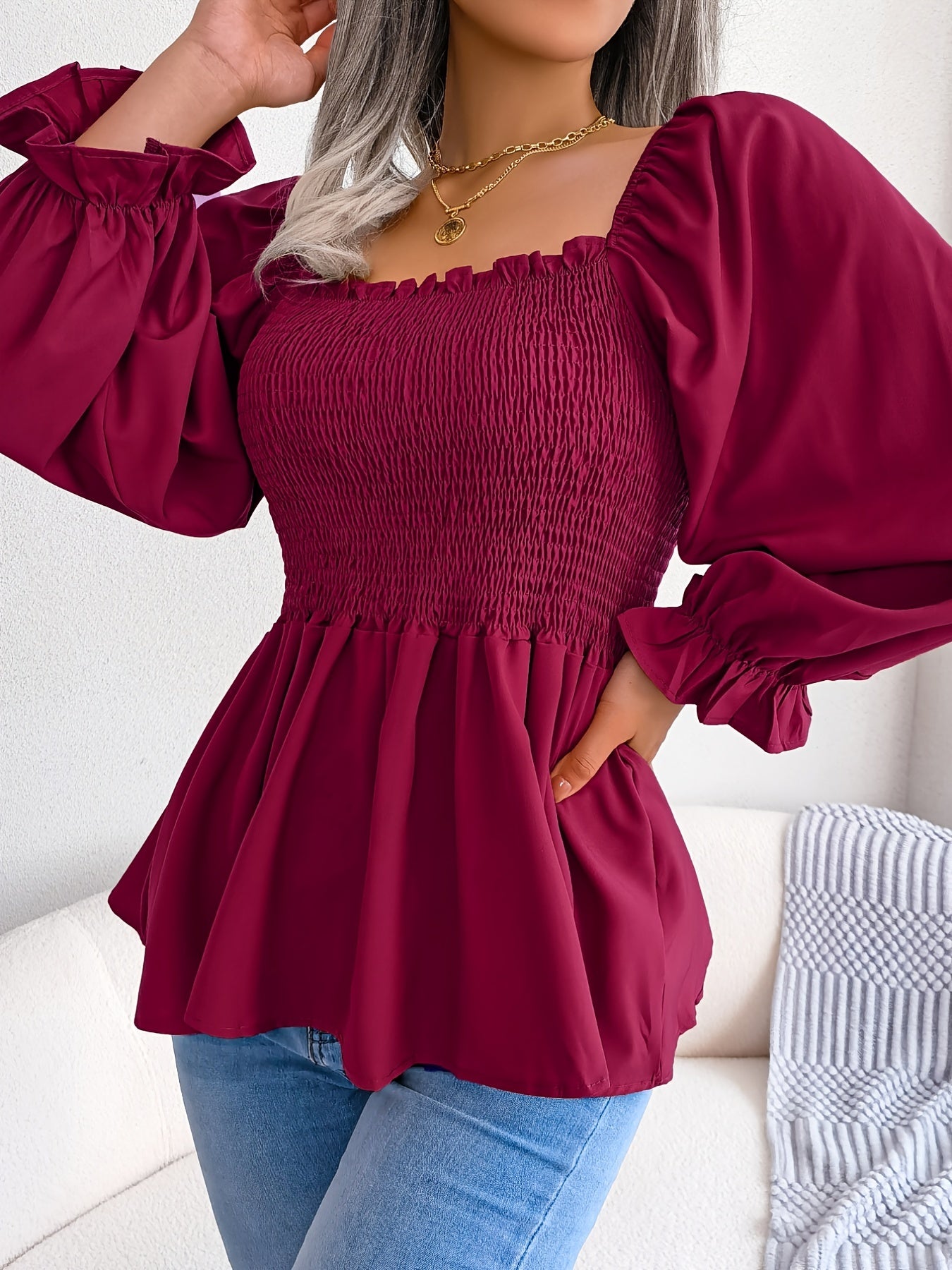 Shirred Lantern Sleeve Shirt, Casual Squared Neck Pleated Ruffle Trim Solid Shirt, Women's Clothing Wedding holiday vacation