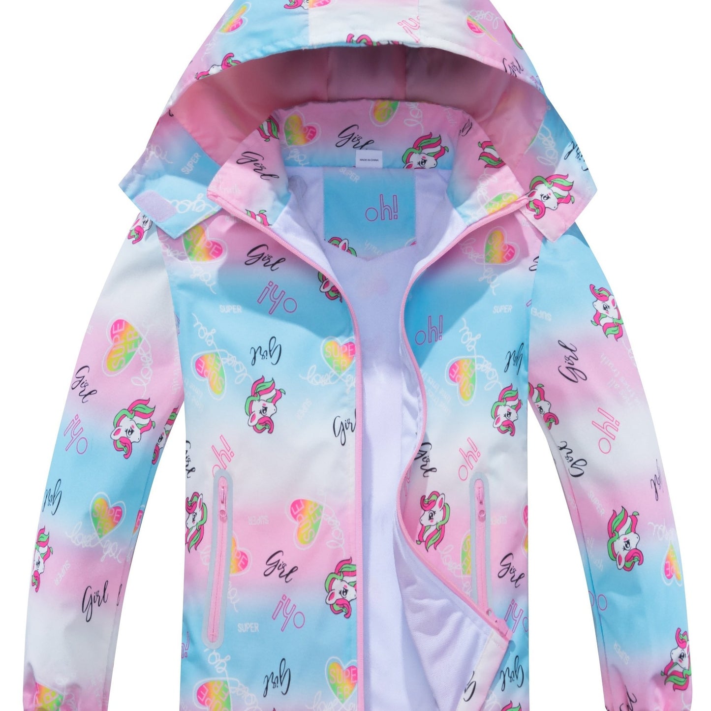 Girls' Unicorn Jacket - Lightweight Windproof Hooded Outerwear with Removable Hood, Pastel Rainbow & Clouds Design, Zip-Up Front, Long Sleeves, and Pockets for Spring/Fall Casual Wear, Unicorn Clothes, Playful Kids Fashion, D