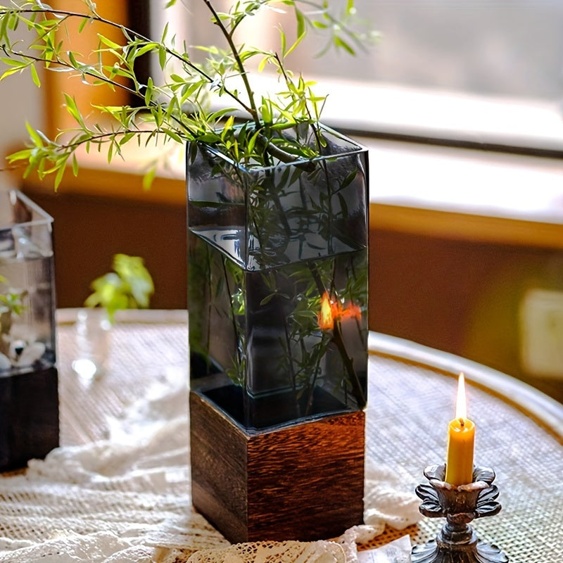 Acrylic Elegant Nordic-Style Vase with Wooden Base - Perfect for Living Room Decor & Floral Arrangements, Ideal Gift for Christmas, Thanksgiving & More