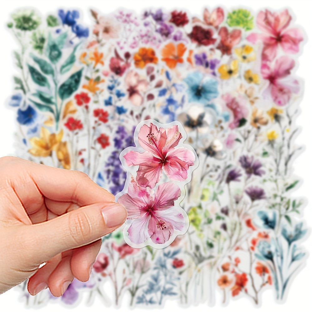 50pcs Transparent Flower Stickers, PET Plant Floral Decals for Scrapbooking, Journaling, DIY Crafts, Guitar, Notebook Decoration