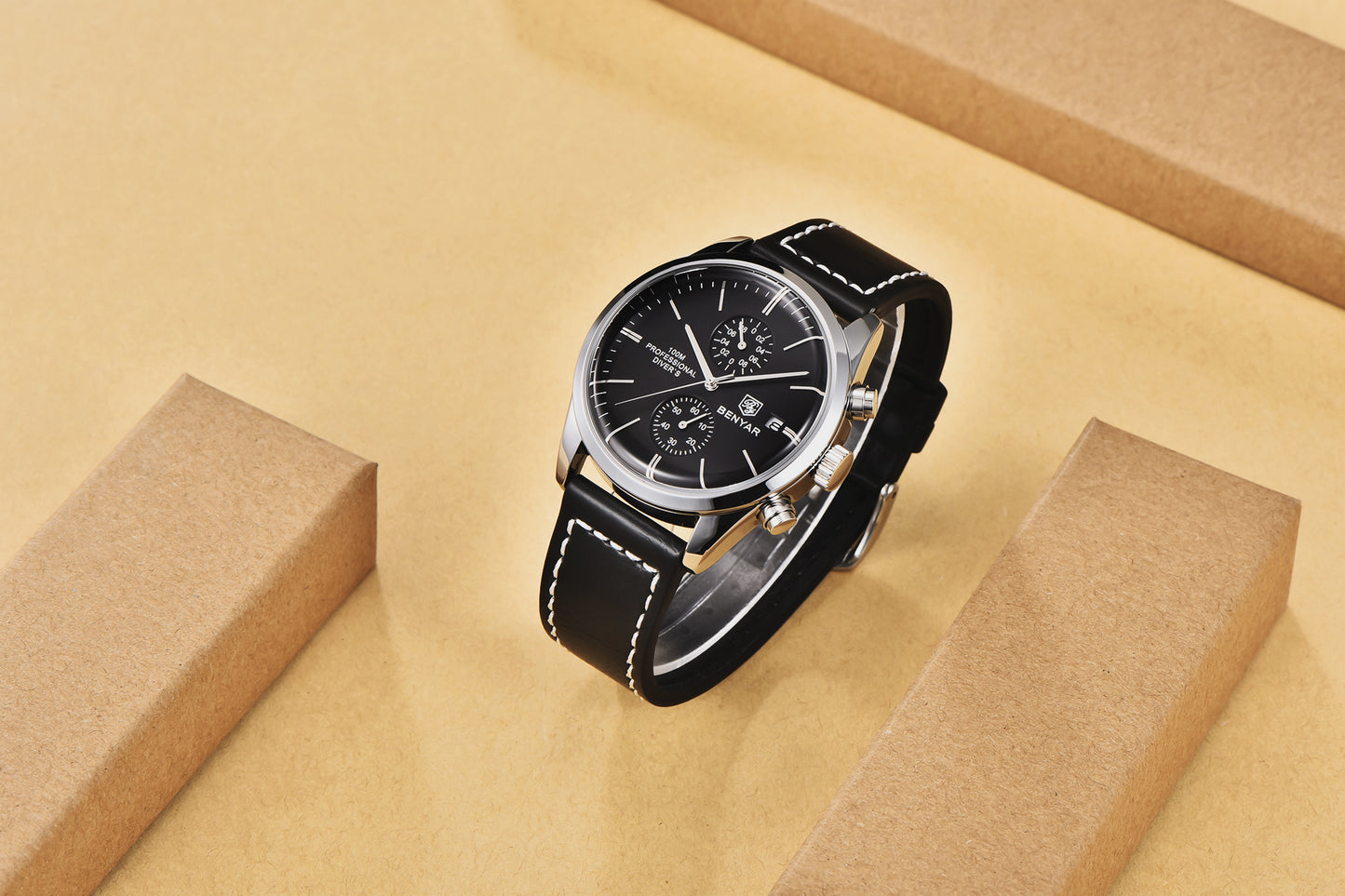 1pc New BENYAR Men's PU Leather Quartz Wristwatch, Men's 100M Multifunctional Watch Military Sports Chronograph Watch For Men