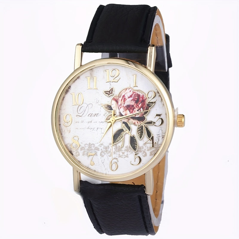 Elegant Rose Flower Embellished Quartz Wristwatch - Fashionable Casual Design - Perfect Gift for Special Occasions