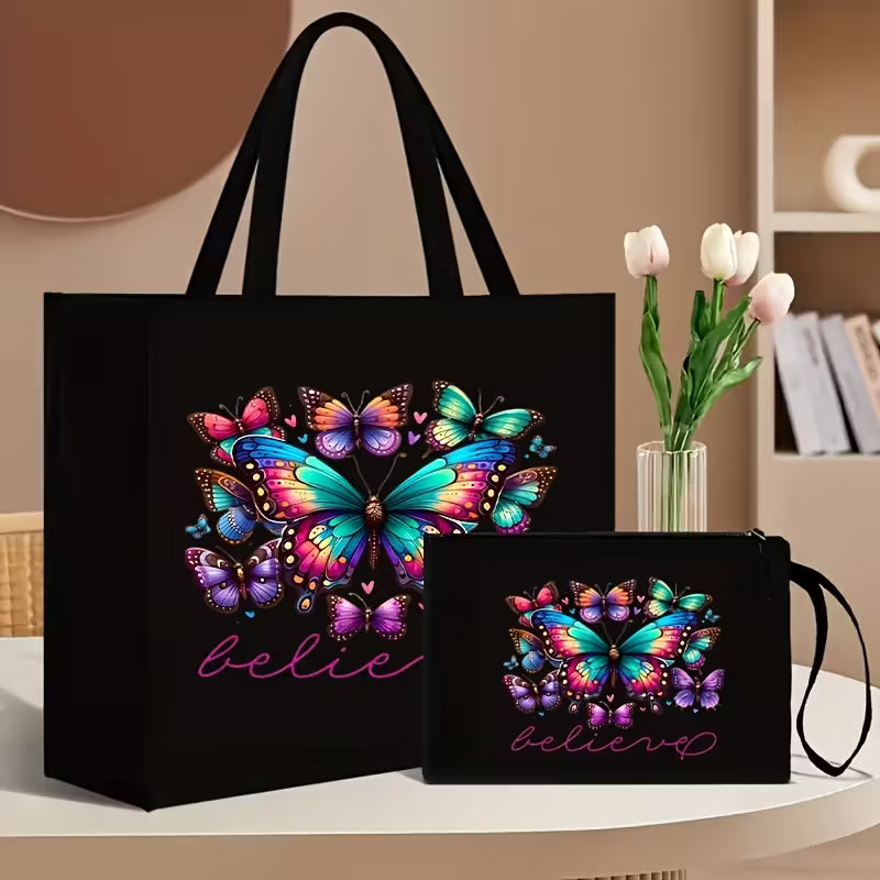 2pcs Floral and Butterfly Print Tote Bag Set with Matching Wallet