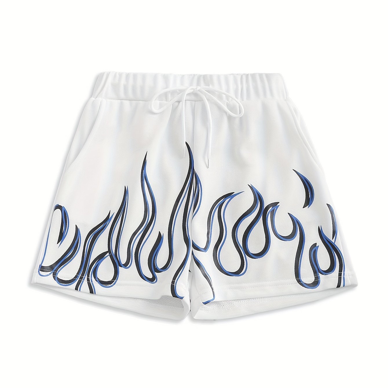 Flame Print Shorts, Drawstring Elastic Waist Casual Shorts For Spring & Summer, Women's Clothing