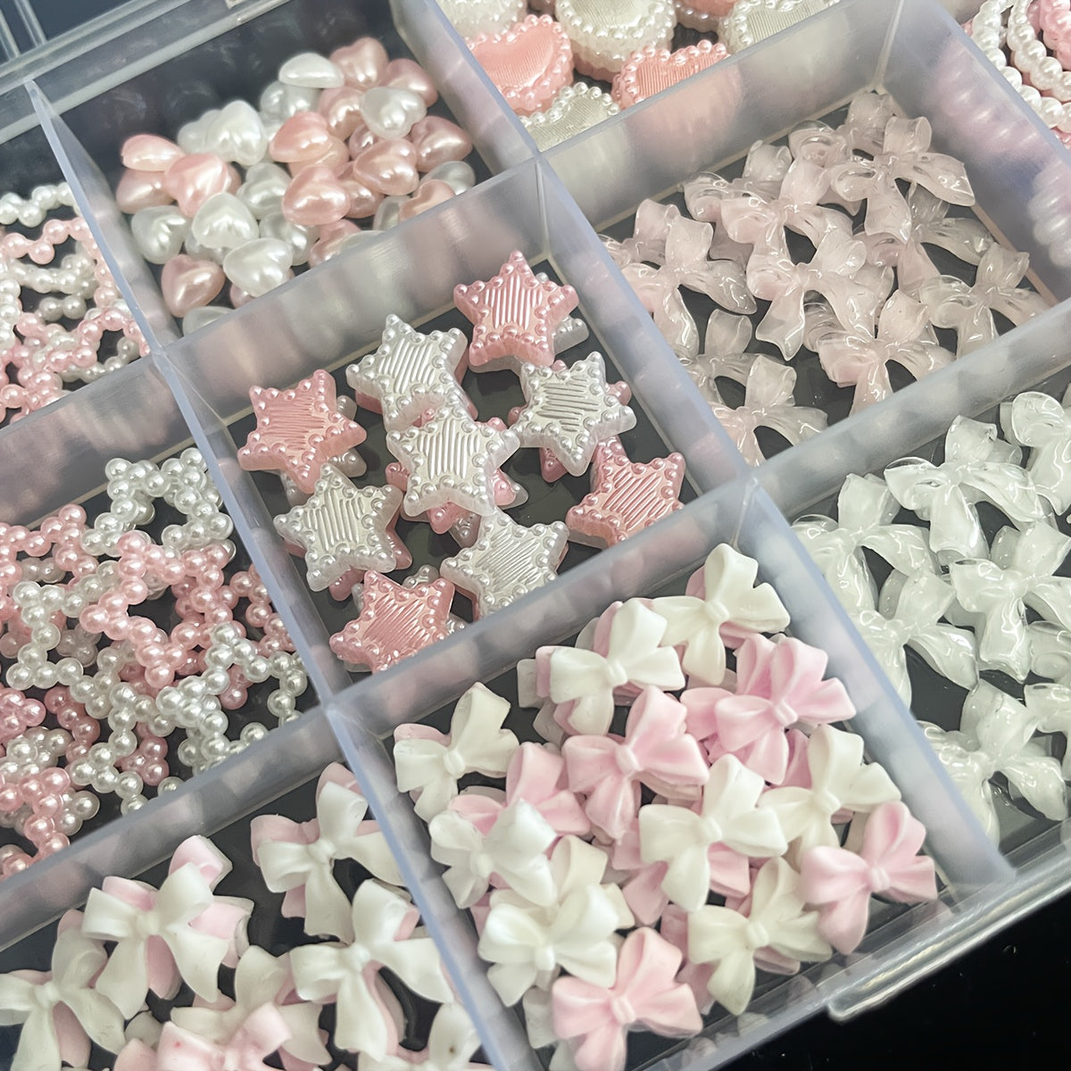 [Cute Nail Jewels] 3D Cute Nail Jewels Set 3 - White&Pink Nail Bows + Assorted Pearl Heart Star Moon Bowknot + 3D Flower Charms and Nail Pearls