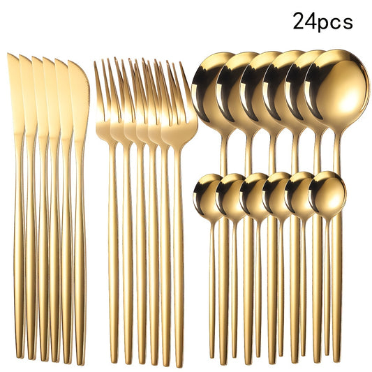 24-Piece Stainless Steel Portuguese Cutlery Set - Golden Western Steak Knife, Fork, and Spoon for Family Restaurant, Dishwasher Safe, Eid Al-Adha Gift - Durable Tabletop Serveware for Food Service Equipment & Supplies
