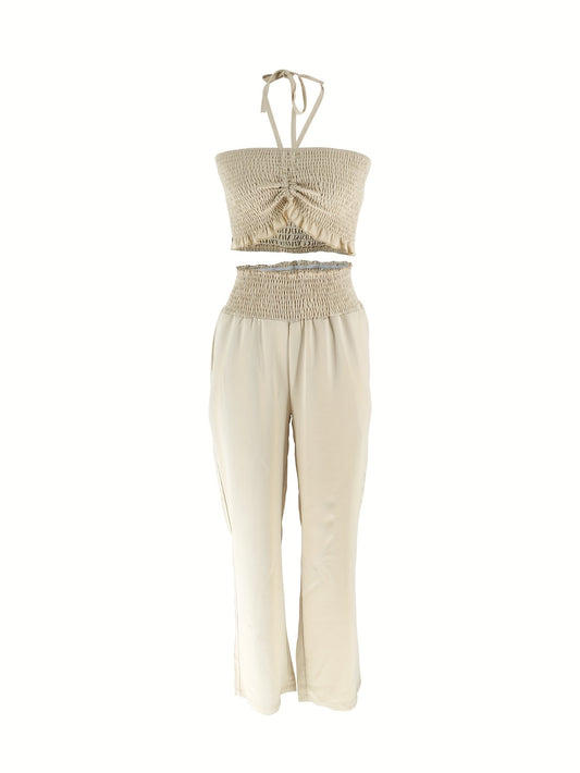 Autumn Style Two-Piece Set for Women Featuring a Fashionable Bow-Tie Design And Strapless Cover-Up, This Outfit Is Adorned with a Stylish Pink Polyester Two-Piece Set HN033.