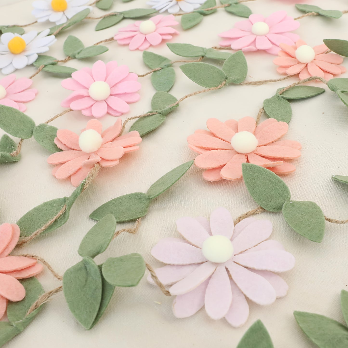 Handcrafted Bohemian Flower Garland - Pastel Pink, White, Orange, Purple Daisy Decor with Green Leaves on Twine - Ideal for Spring Events, Weddings, Birthdays, Youngsters Showers - Versatile Fabric Photo Backdrop & Bedroom De