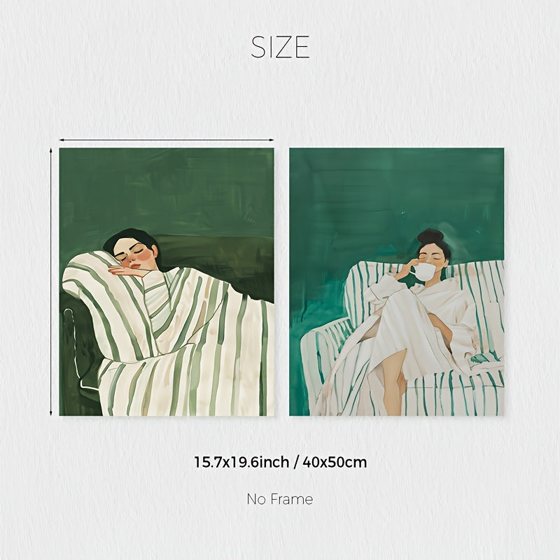 A Set of 2 Abstract Character Wall Art Prints, Featuring a Jade Green Striped Woman Canvas Poster, Minimalist Large Art Wall Decor, Coffee Lover Prints, Spring Decorations for Living Rooms, Bedrooms, Cafes, Bars, Offices, Hal