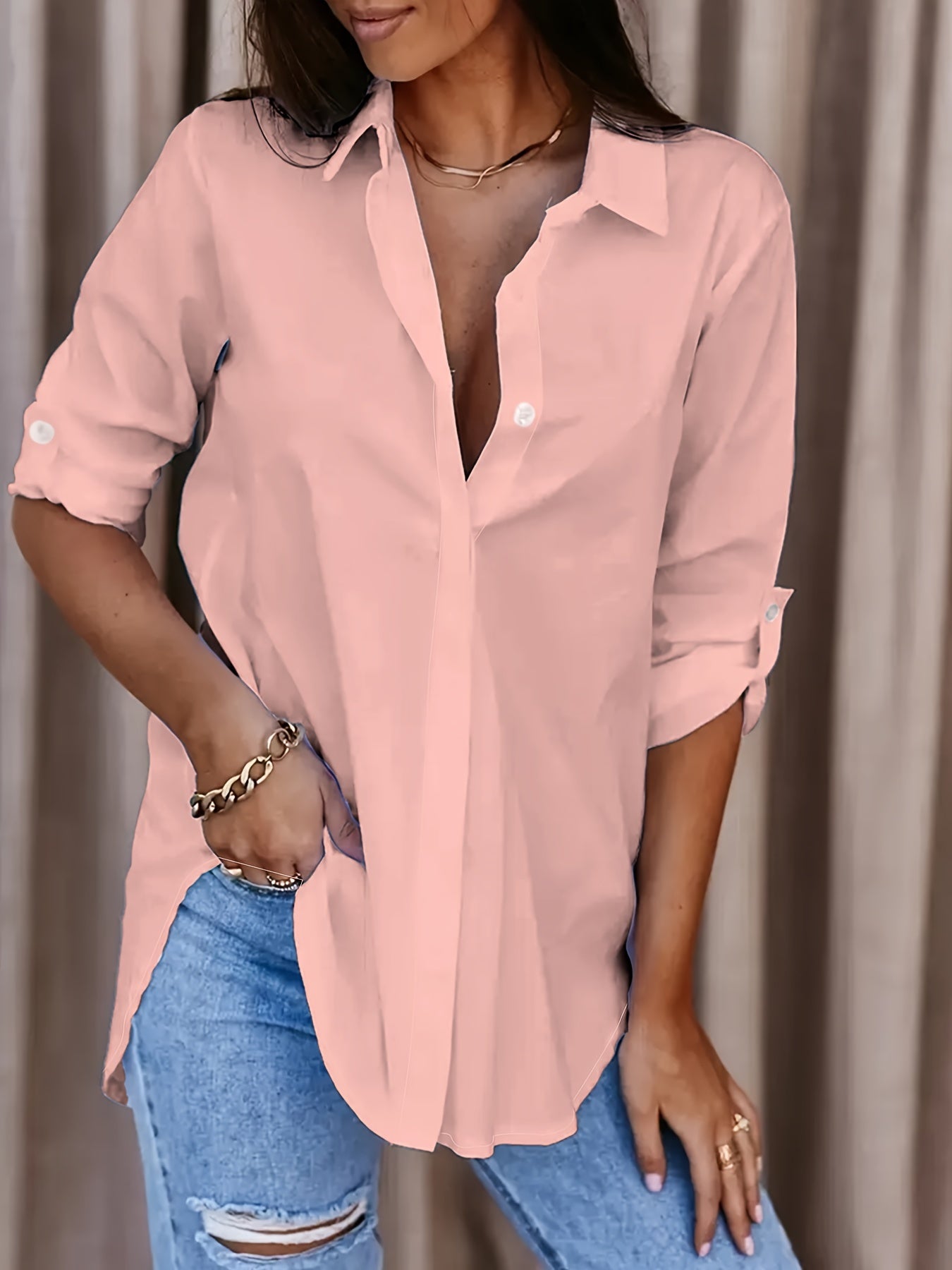 Solid Button Front Shirt, Casual Turn Down Collar Office Work Shirt, Women's Clothing