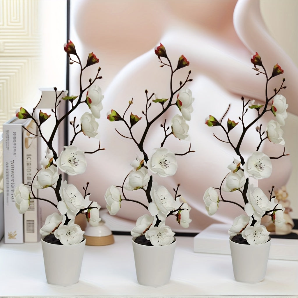 3pcs Elegant Artificial Plum Blossom Set with Vase - Faux Greenery, Simulated Potted Plant, Home Decor and Tabletop Filler, Perfect for Weddings, Festivals, Valentine's Day, Office, DIY Decorations, All-Season Artificial