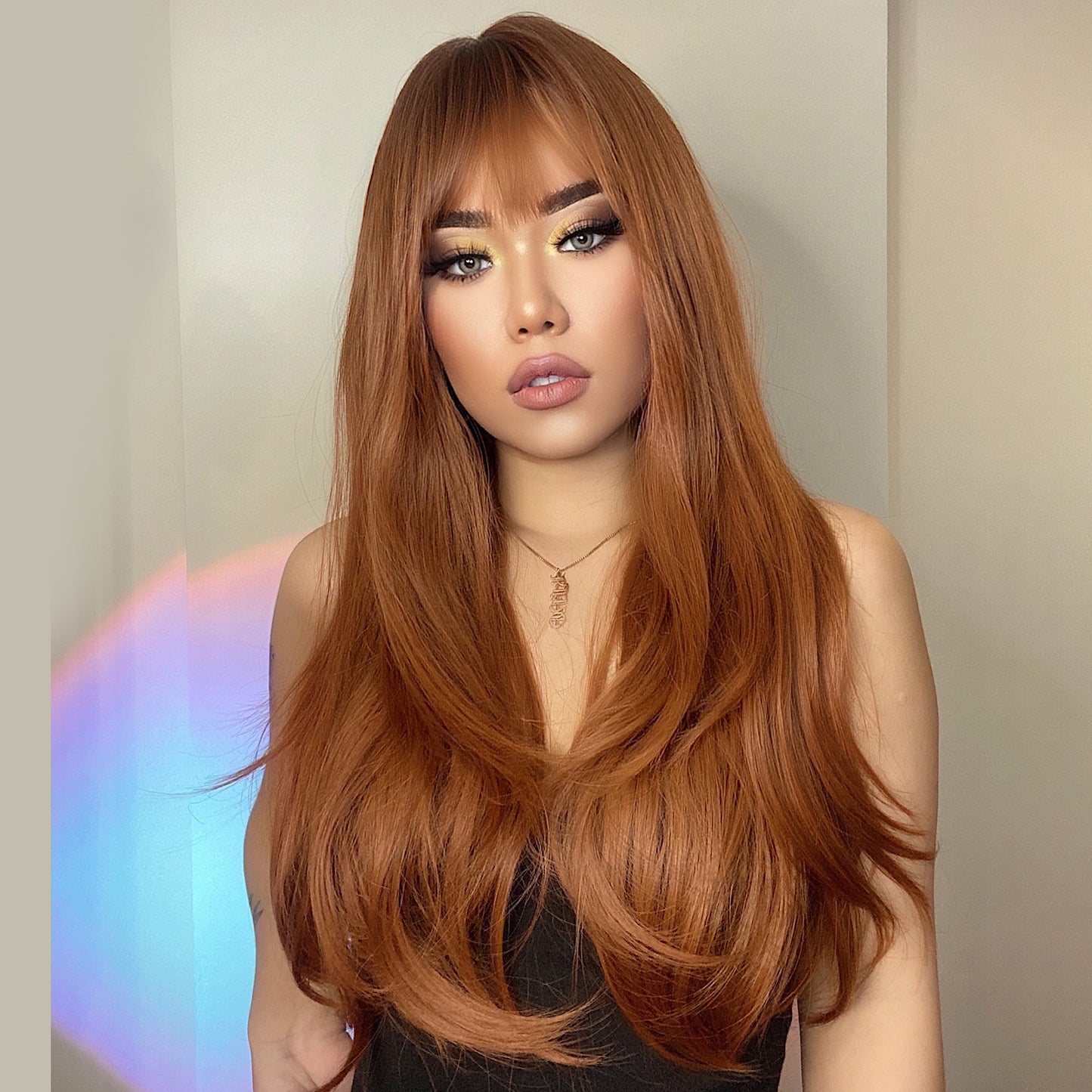 Ombre Copper Brown Ginger Wig with Bangs - Natural Straight Synthetic Hair Wig for Women - Realistic Looking Wig - 55.88 cm Music Festival