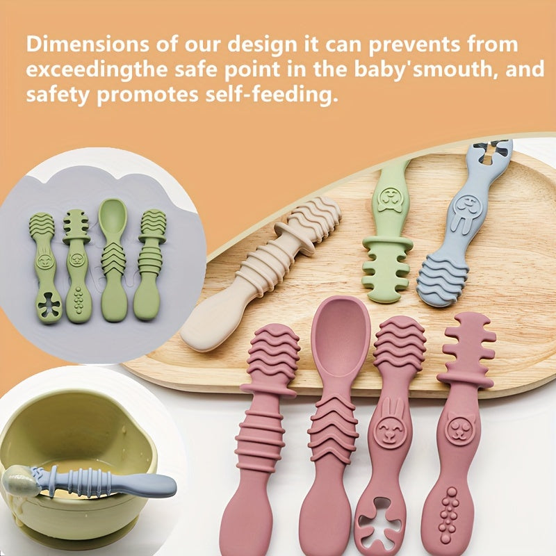 4pcs Baby Silicone Chewing Spoon Set, Food Grade Silicone Spoon And Fork Set, Silicone Spoon, Silicone Cutlery Training, Soft Feeding Cutlery