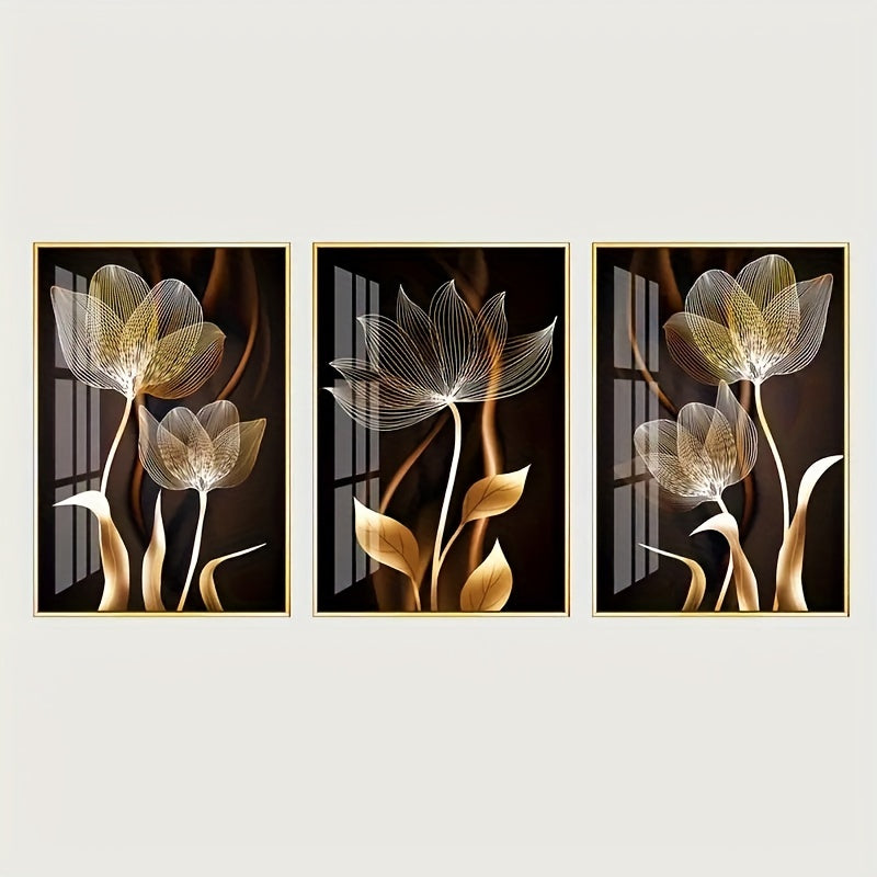 Golden Flower Canvas Art Trio - 3pc Elegant, Versatile Wall Decor Set, Frameless Luxury Prints for Every Room