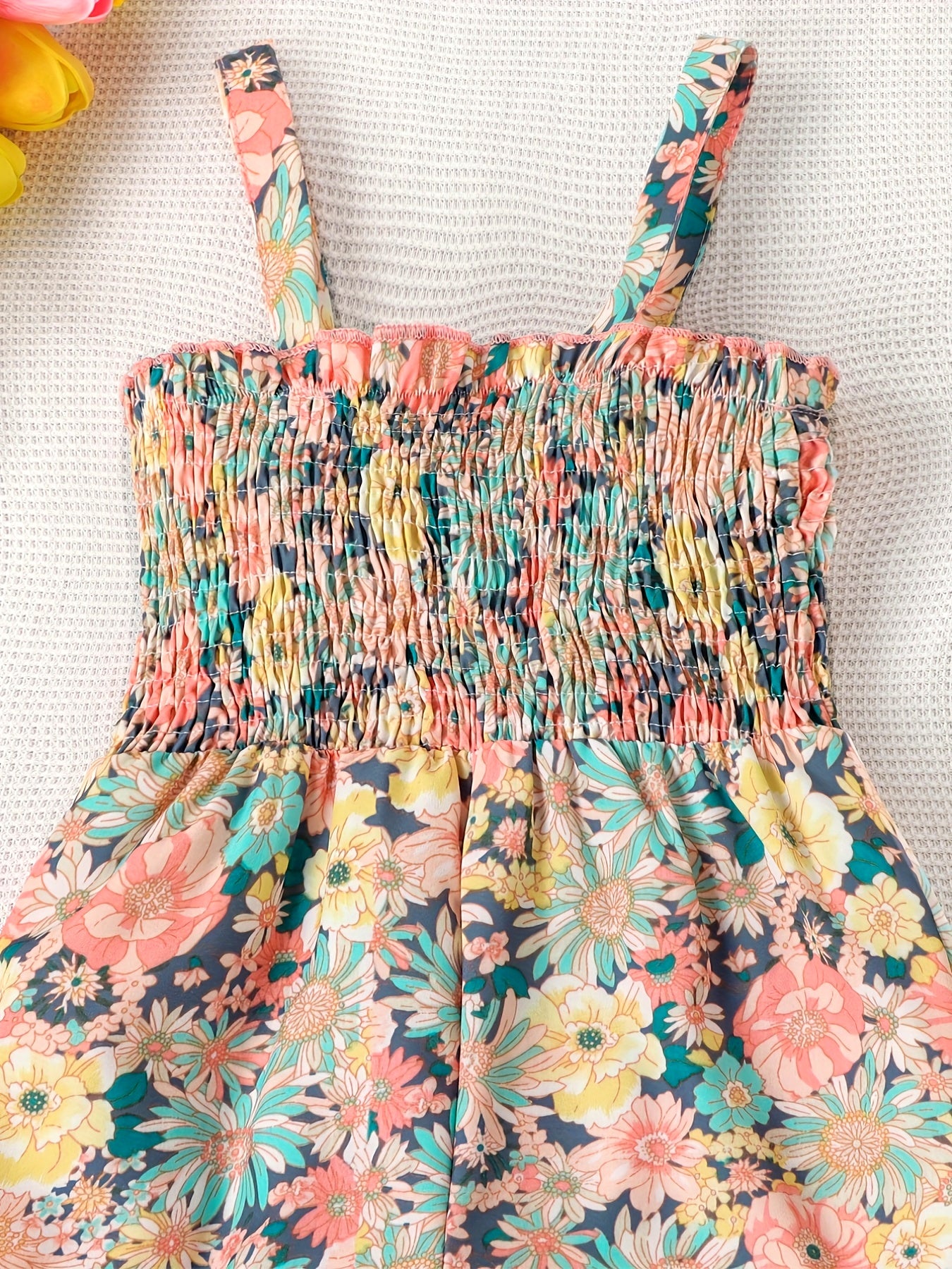 [Boho Flower Jumpsuit] Boho Flower Print Girls Shirred Cami Jumpsuit | For Going Out Party Holiday Kids Summer Clothes