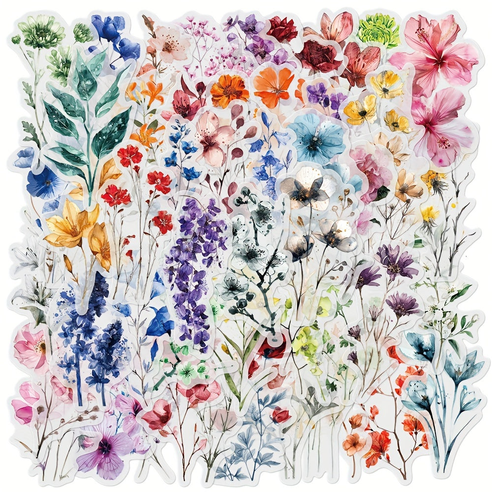 50pcs Transparent Flower Stickers, PET Plant Floral Decals for Scrapbooking, Journaling, DIY Crafts, Guitar, Notebook Decoration