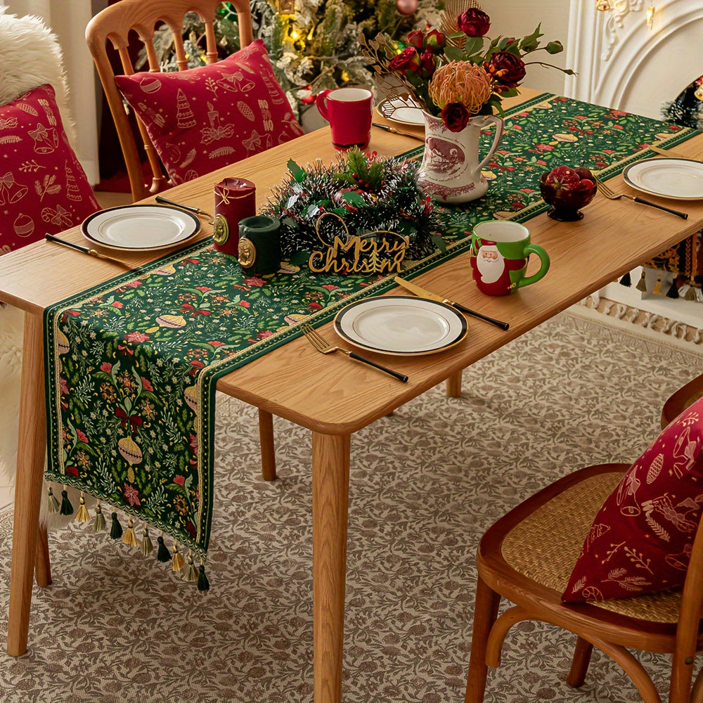 Rectangular Woven Polyester Blend Christmas Table Runner with Tassels - Festive Plant and Flower Pattern, Holiday Party Dining Decor