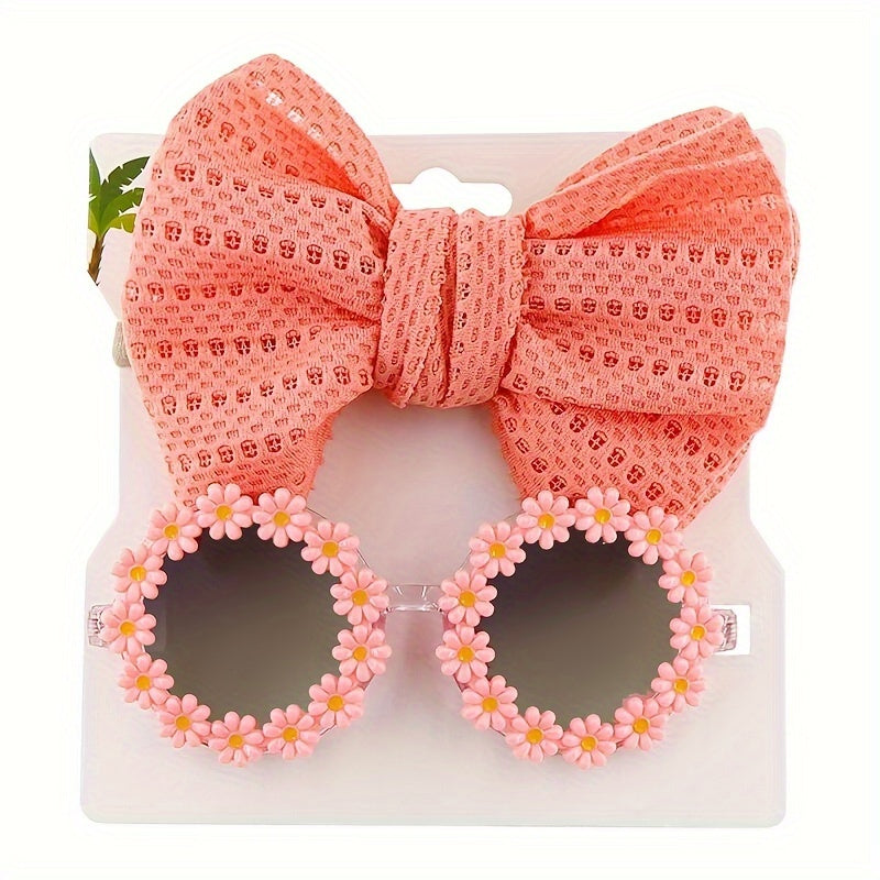 Cute Outdoor Beach Baby Girl Gift Set - 2 Pieces Butterfly Tie Hair Band & Round Flower Fashion Glasses!