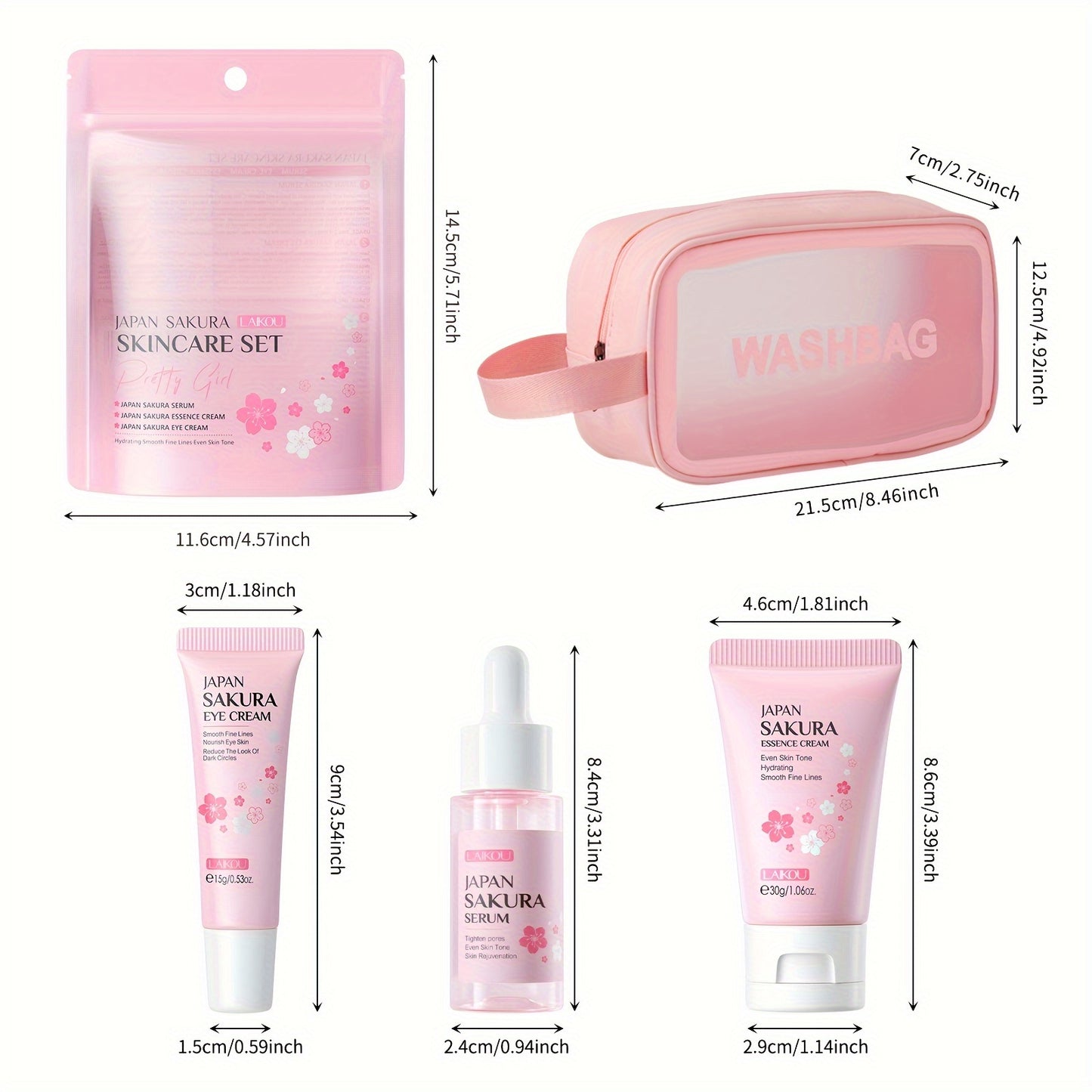 3-Piece LAIKOU Sakura Skin Care Set - Rejuvenating, Moisturizing, and Firming for Radiant Skin - Includes 17ml Serum, 30g Face Cream, and 15g Eye Cream