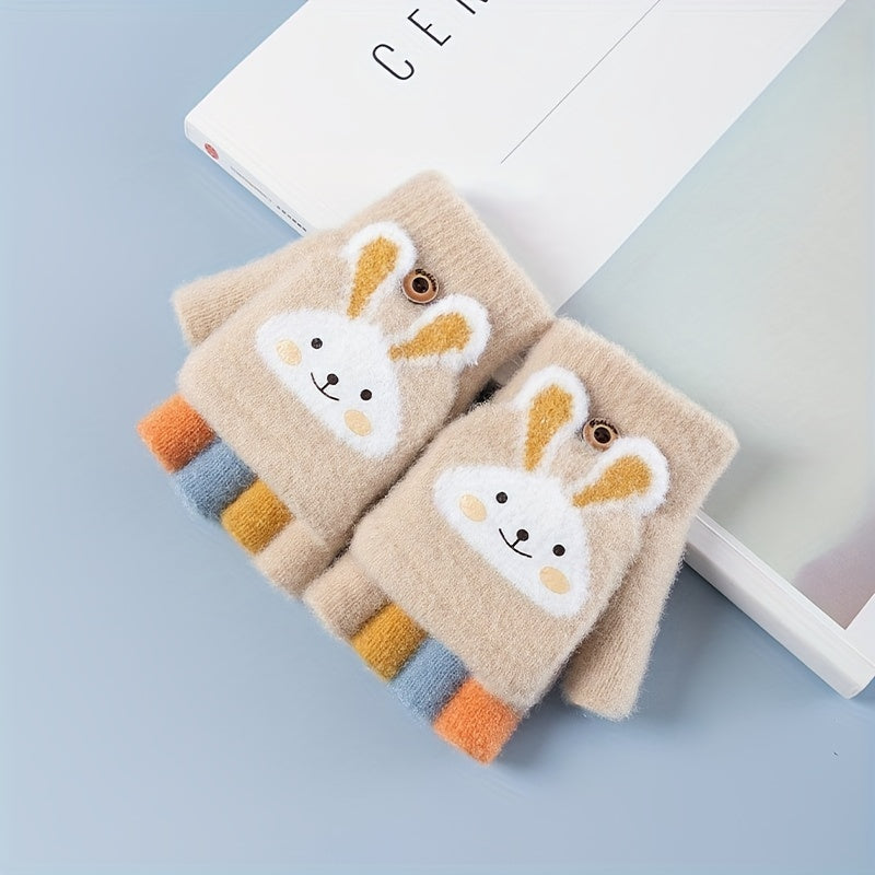 1 Pair Of Children's Gloves, Winter Five Finger Baby Thickened Half Finger Girl Knitted Cartoon Warm Flip Gloves