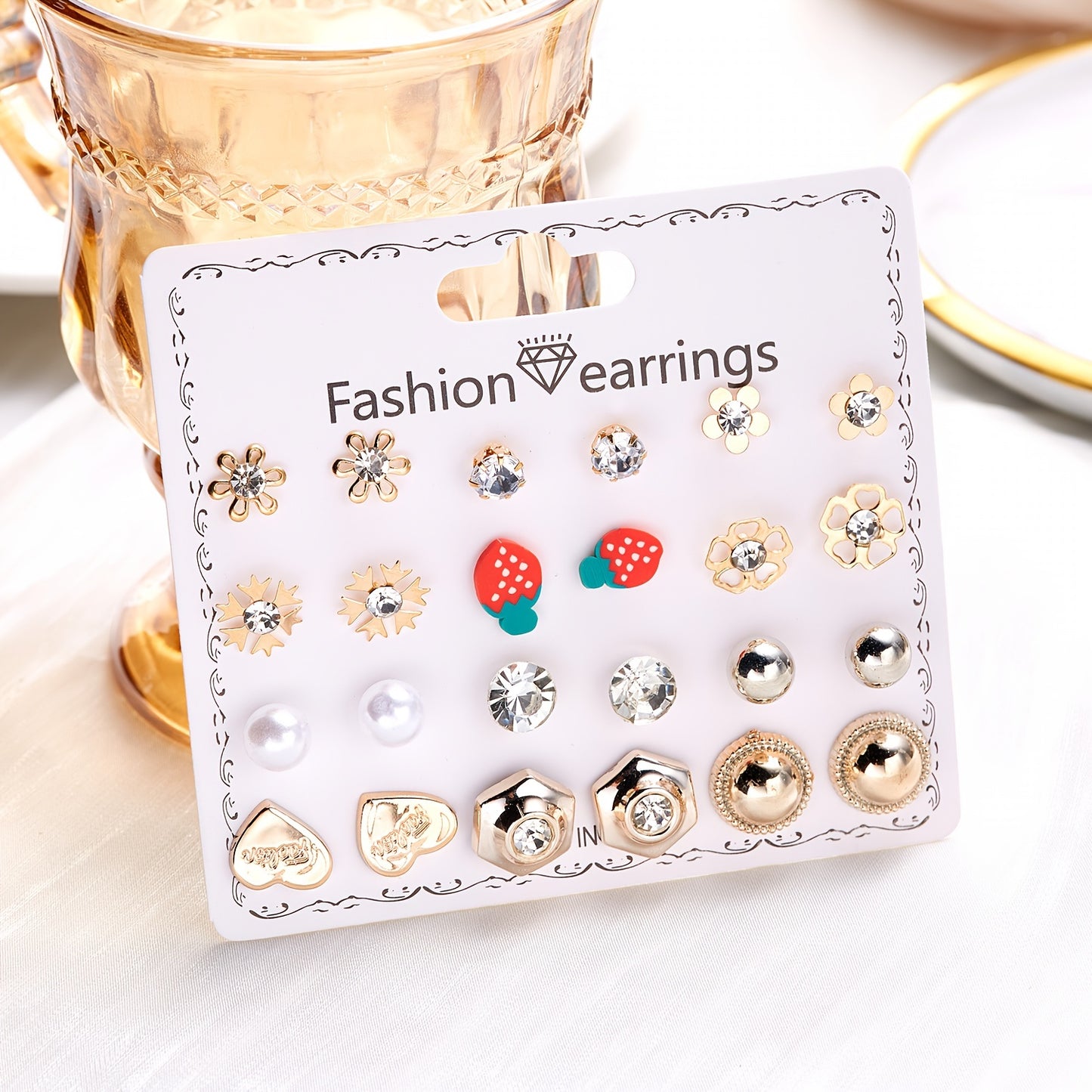 12Pairs/Set Flower Faux Pearl Heart Strawberry Stud Earrings Set, Simple Golden Earrings For Girls, Daily Week Earrings Set, Ideal choice for Gifts