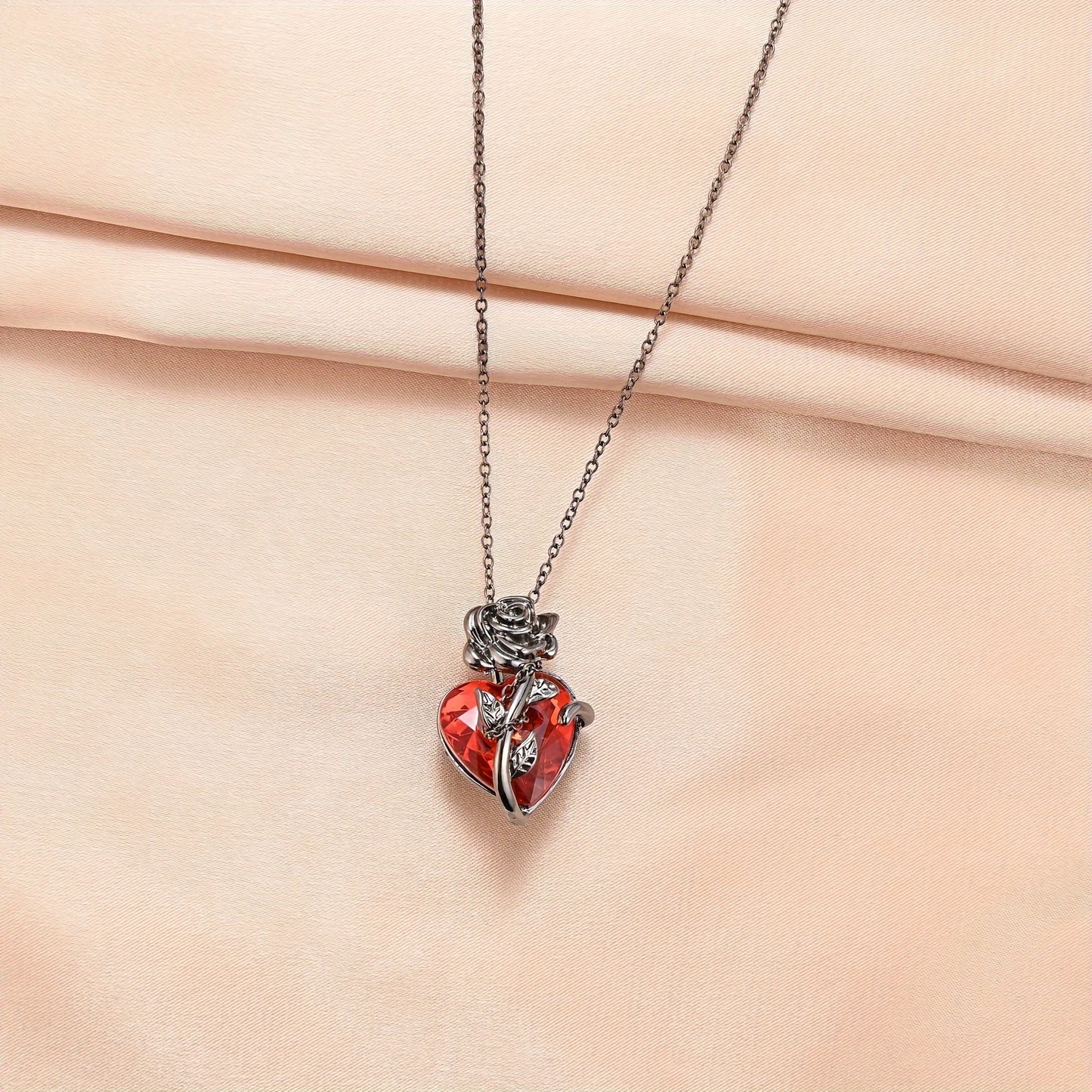 Elegant & Punk Style, Black Rose Shape With Red Heart Faux Diamond Pendant Necklace, Vintage & Delicate Twisted Flower Collarbone Chain, Valentine's Day Accessory