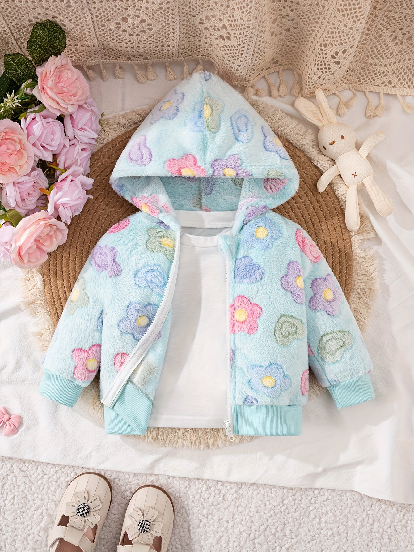 Baby Girls Floral Hooded Jacket - 100% Polyester Long Sleeve Coat with Zipper, Soft Plush Knit Fabric, Regular Fit for Outdoor Play in Fall/Winter, Skiing Compatible, Thick