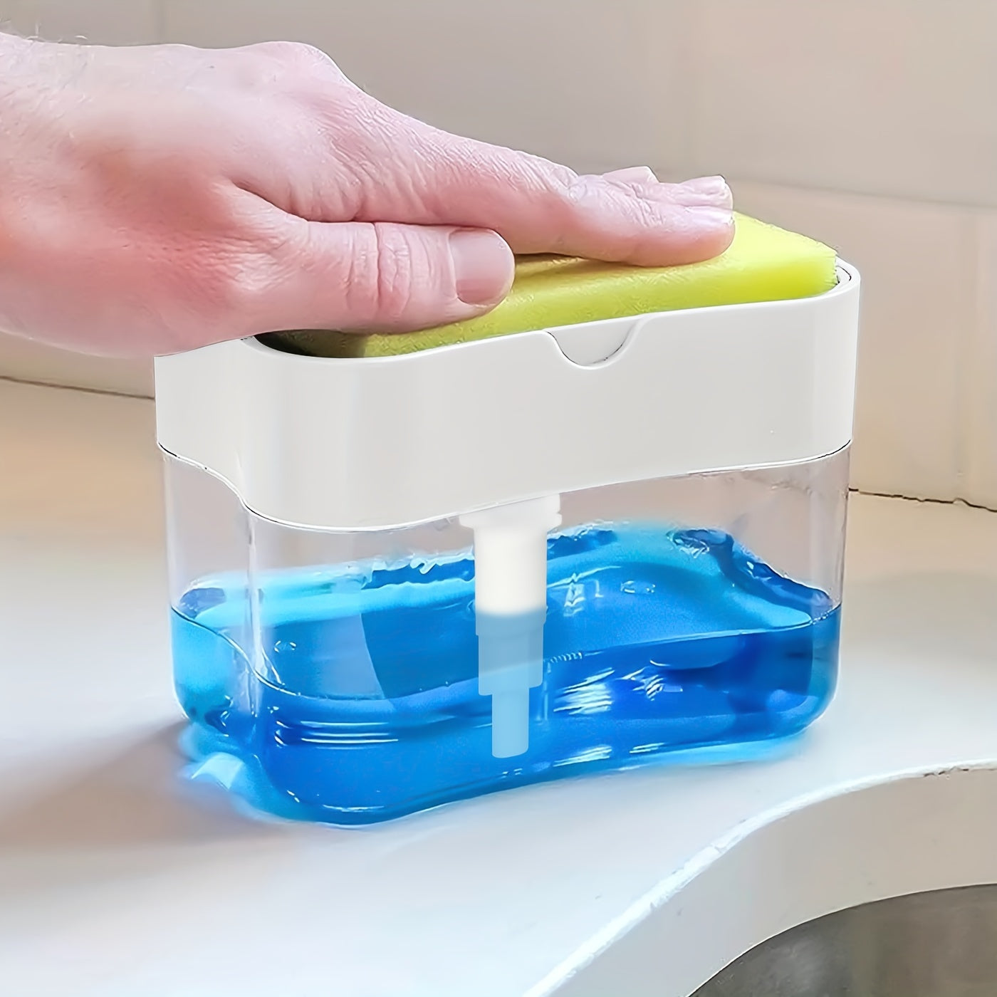 Modern Plastic Dish Soap Dispenser with Sponge Holder, Lightweight Square Kitchen Sink Accessory, Space-Themed Solid Colour Design, Hand Wash Only