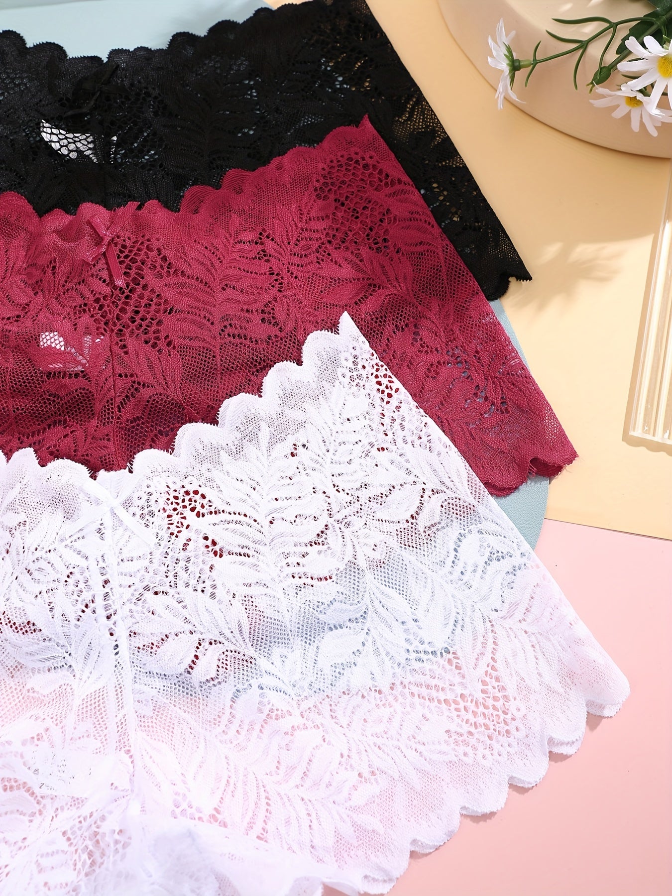3pcs FINETOO Women's Sexy Low-Rise Lace Boyshort Panties - Breathable, Stretchy Nylon Blend with Floral Pattern, Scalloped Trim in Black, White, & Pinkish-Beige