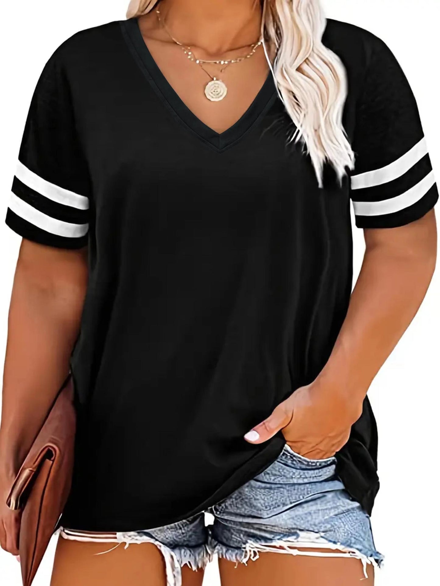 Plus Size Women's V-Neck Short Sleeve T-Shirt - Lightweight Stretchy Summer Tee with Random Print, Loose Casual Fit, Machine Washable, Sizes XL-5XL for Everyday & Office Wear, Versatile Clothing, Striped Print Shirt, Soft Fab