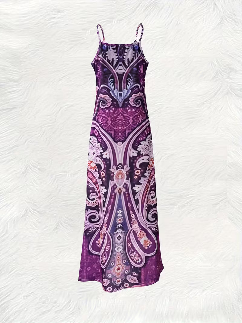 Purple Floral Paisley Print Spaghetti Suspender Dress