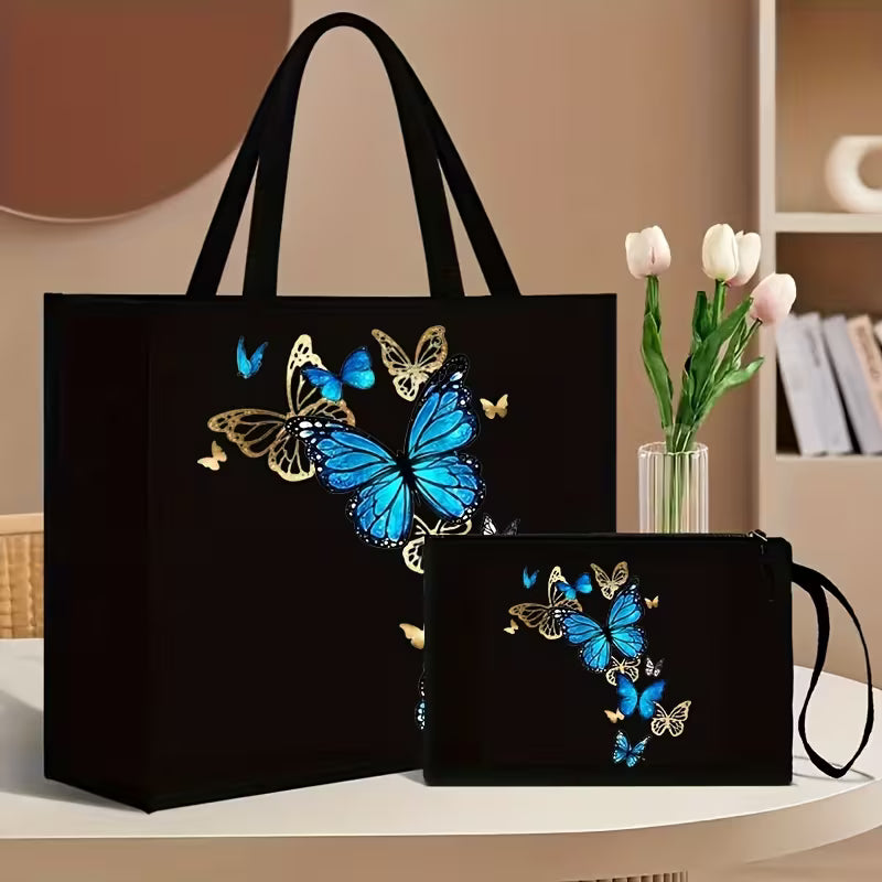 2pcs Floral and Butterfly Print Tote Bag Set with Matching Wallet