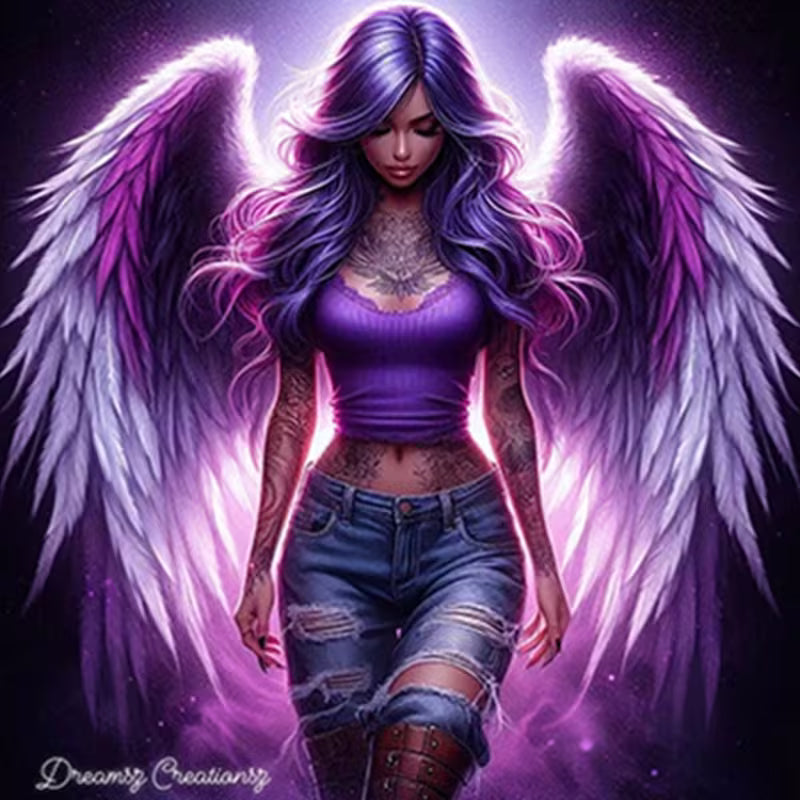 5D Diamond Painting Kit – Purple Winged Tattoo Angel, Round Diamond Beads 30x30cm