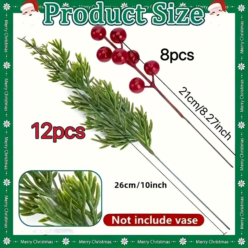 20pcs Realistic Artificial Pine Branches with Red Berries - Green Plastic Christmas Sprigs for DIY Wreaths, Garlands, Table Centerpieces, Winter & Holiday Decor (Vase Not Included) - Fake Pine Needles for Home Decoration, Chr