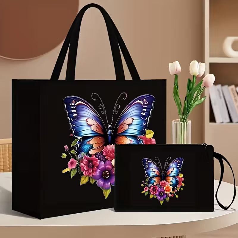 2pcs Floral and Butterfly Print Tote Bag Set with Matching Wallet