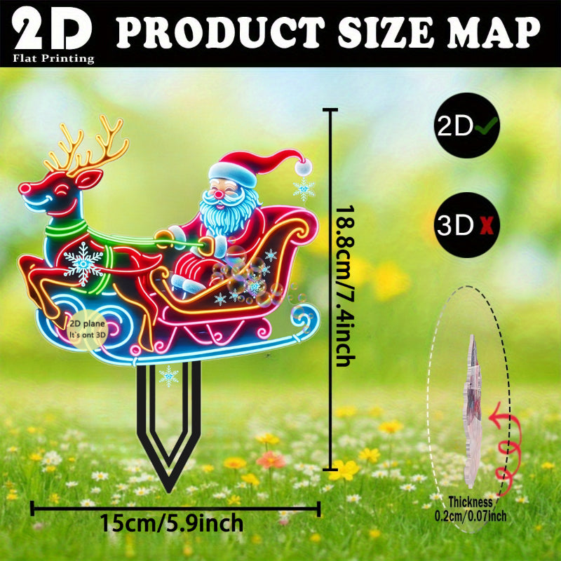 2D Flat, 1pc Neon-Lit Self-Lit Santa & Reindeer Sleigh Garden Stake - Glowing Outdoor/ Christmas Yard Decoration with Plug-Free, Durable Plastic Lawn Sign for Ground, Flower Beds, Parties (Easy Install, Holiday Decor), 2D Fla