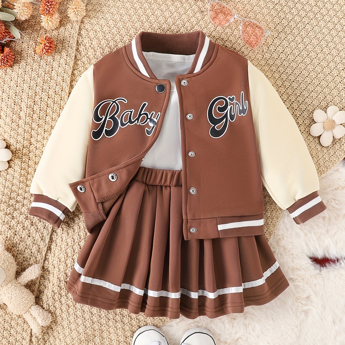 Preppy Style Girls 2pcs BABY GIRL Print Baseball Jacket + Pleated Skirt Outdoor Set For Party Sports Gift