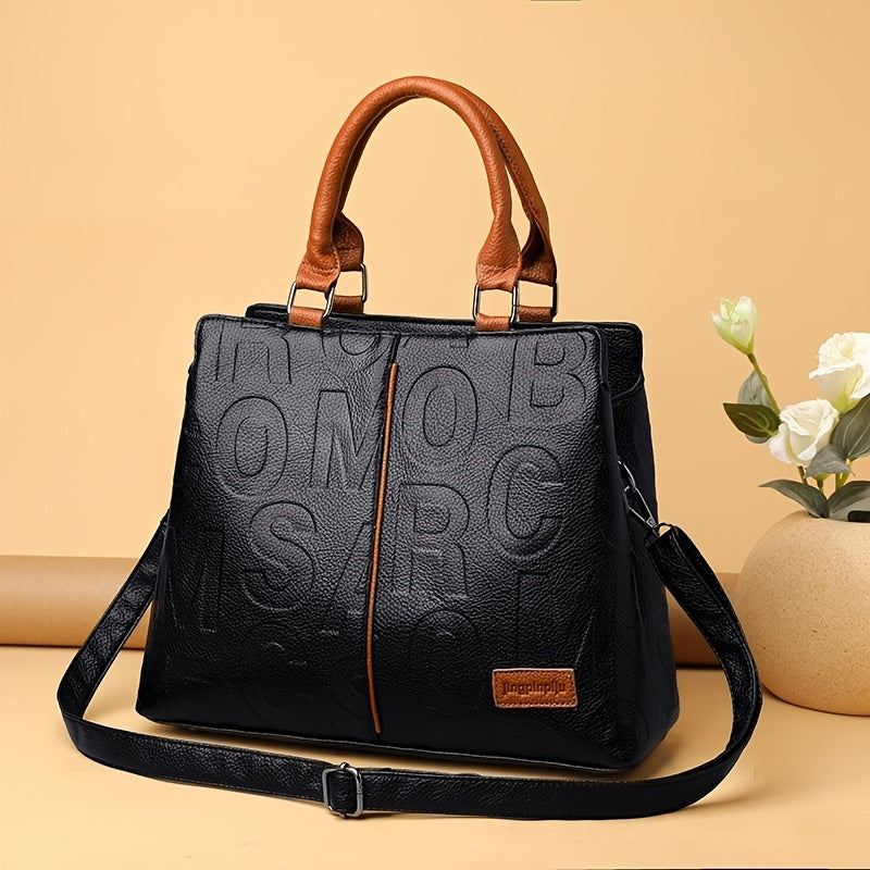 Chic Solid Color Letter-Embossed Handbag – Versatile, Foldable, Secure Zip & Removable Strap, Polyester-Lined for Daily Elegance (8.4x8.6x3.5) Inch