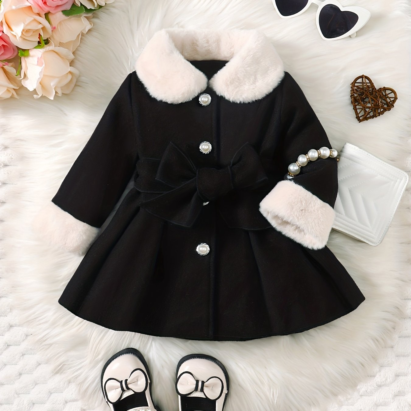 Fashionable And Versatile Coat for Baby Girls in Autumn And Winter, a Perfect Mother'S Day Gift. Adorable Plush Coat with a Bow And Collar, Designed for a Sweet Princess Look. Soft And Comfortable Outerwear to Keep Baby Warm