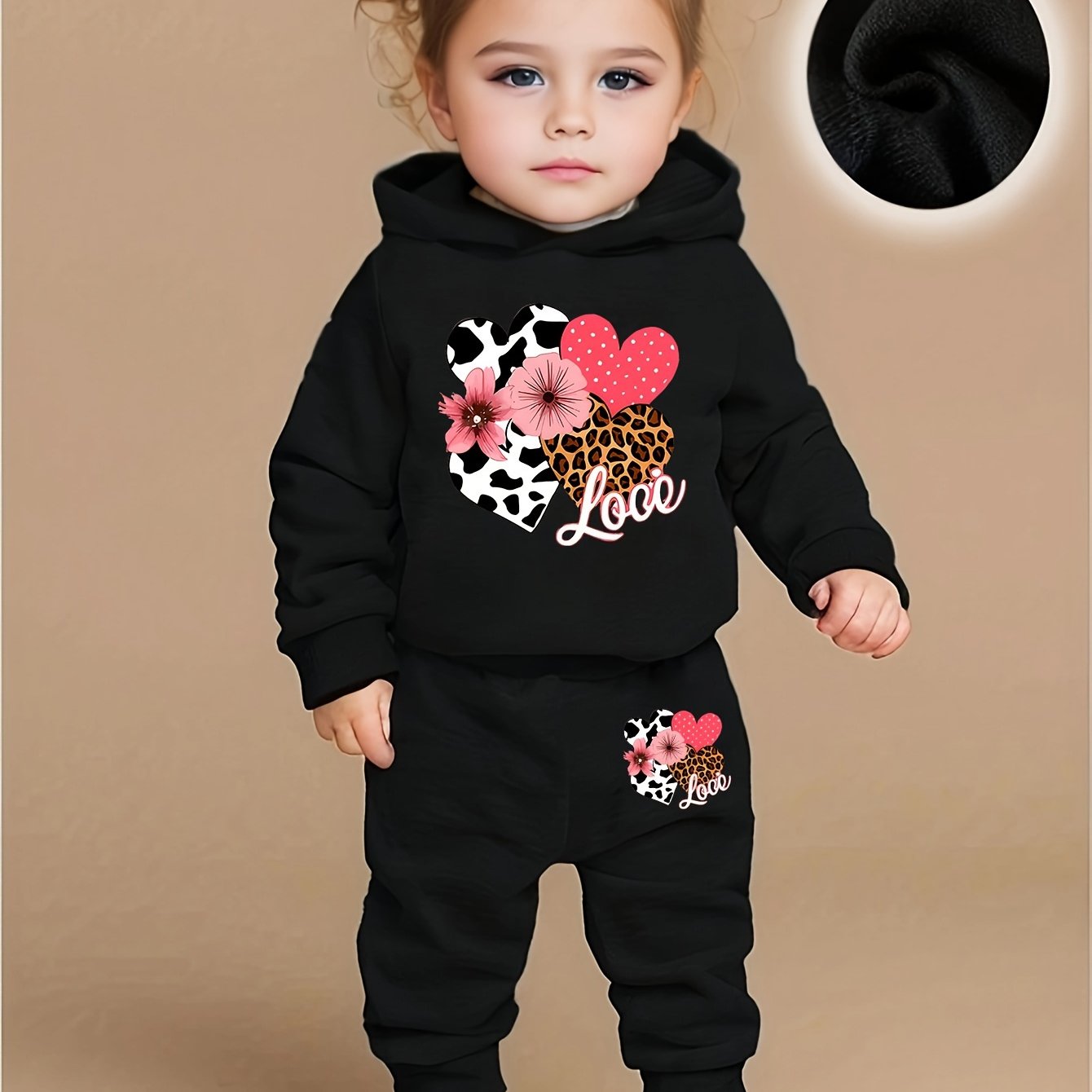 Baby Girl Love Love Flower Pattern Hoodie+Casual Pants Two Piece Set Spring and Autumn Sportswear, Perfect for Outdoor