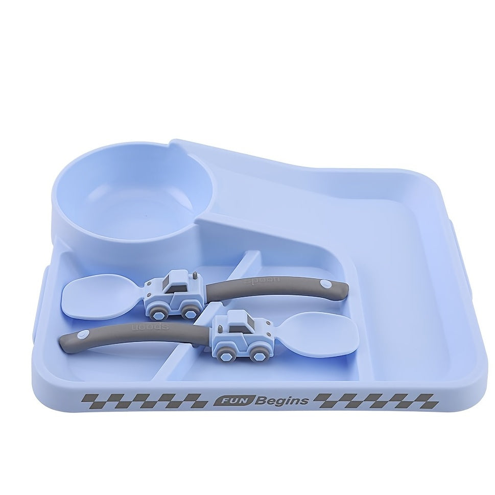 Children's Tableware Cartoon Racing Dinner Plate + Fork Spoon Independent Eating Divided Complementary Food Bowl Baby Suction Cup Non-slip Dinner Plate