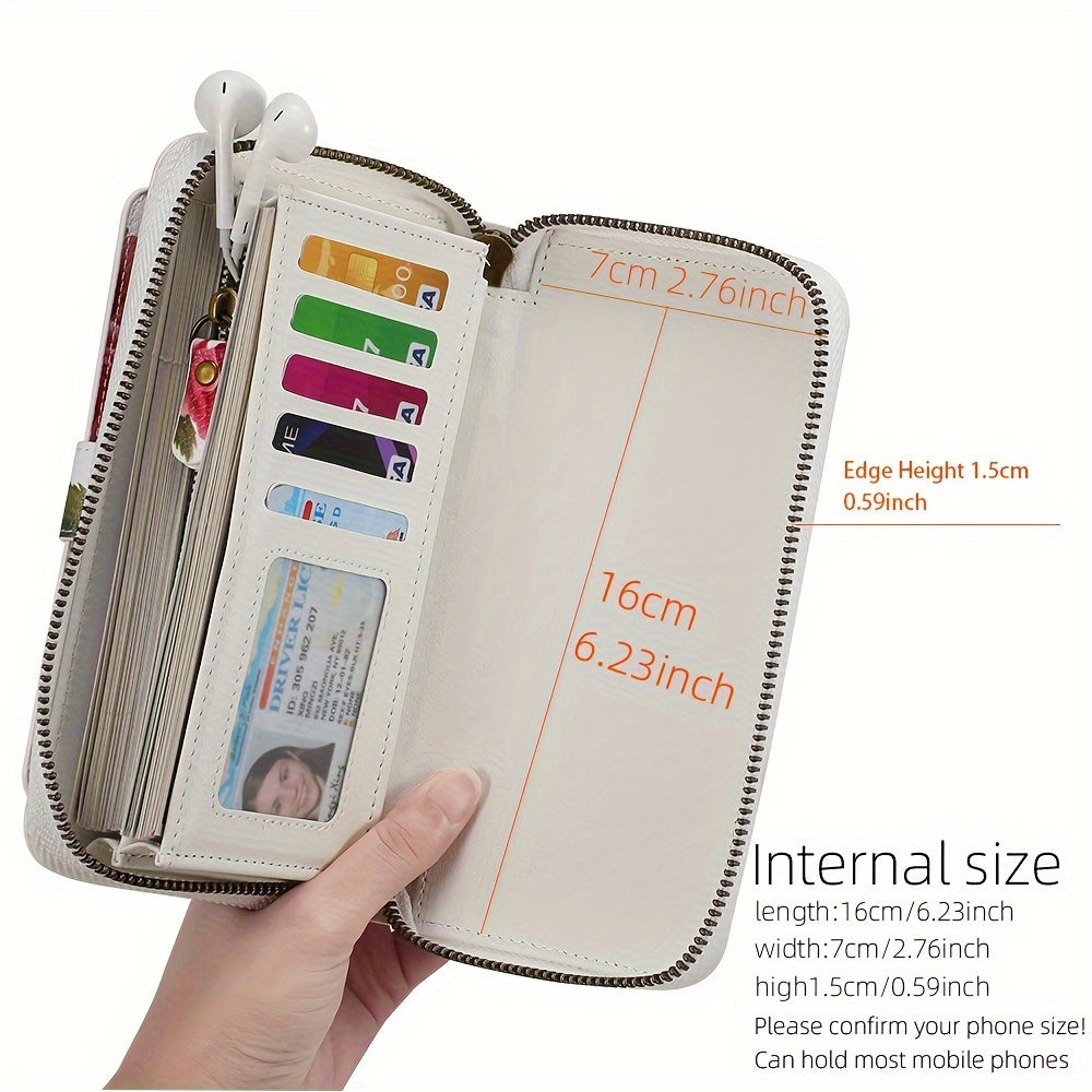 Flower Pattern PU Leather Zipper Handbag Fashion Large Capacity Long Wallet Clutch Bag Phone Bag Multi-card Card Holder Coin Purse Wallet