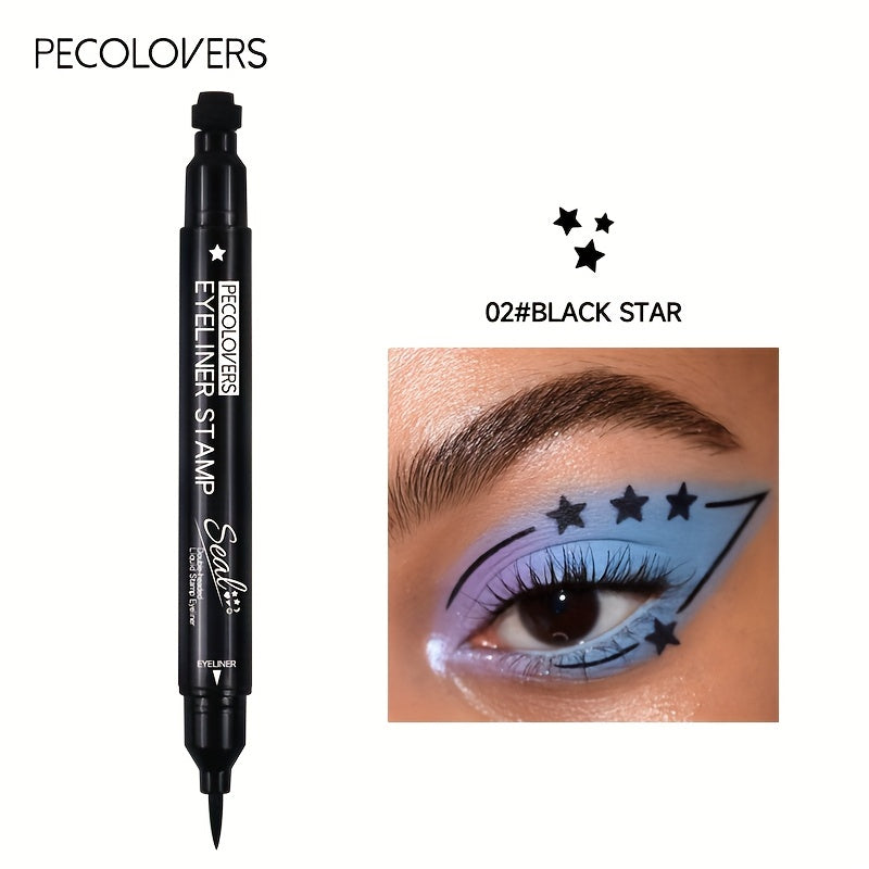 PECOLORVERS 2 in 1 Waterproof Black Liquid Eyeliner & Stamp Set - Alcohol Free, Quick-Drying Eye Makeup with Star, Moon, Heart, Flower Stamps