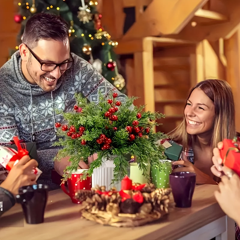 20pcs Realistic Artificial Pine Branches with Red Berries - Green Plastic Christmas Sprigs for DIY Wreaths, Garlands, Table Centerpieces, Winter & Holiday Decor (Vase Not Included) - Fake Pine Needles for Home Decoration, Chr