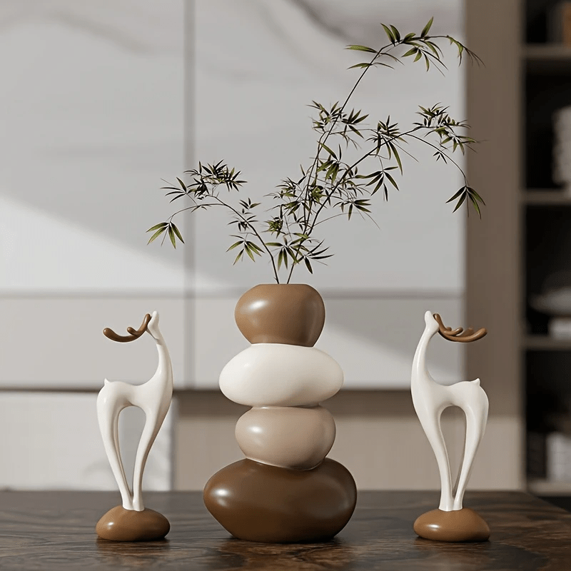 [Creative Stacked Stone Vase] 3pcs Creative Stacked Stone Vase and Deer Figurine Set | Resin Ornaments for Living Room, Bedroom, Office Desk, Bookshelf – Unique Christmas Gifts for Family & Friends