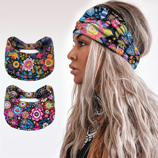 Vintage Elegant Floral Polyester Headbands for Women - Breathable Sweat Absorption Hairbands with Bright Flower Prints - Set of 1 or 2 Dress-Up Elastic Hair Accessories
