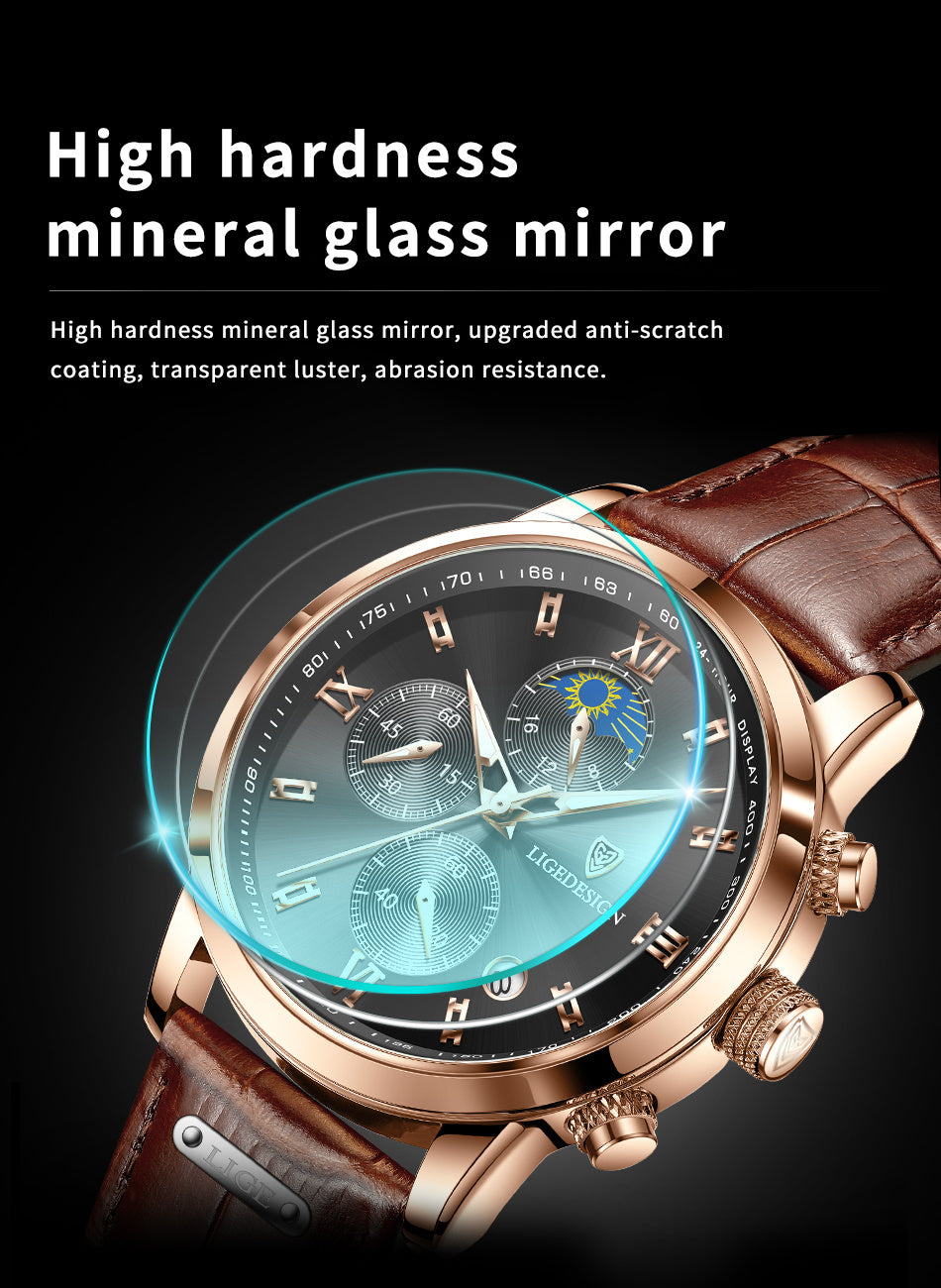 LIGE Men'S Quartz Watch | Vintage Style | Multi-Functional Chronograph | 30m | Calendar & Moon Phase | High-Quality Strap | Zinc Alloy Case, Electronic Drive | Non-rechargeable Button Battery | Luxury Business Watch, Business