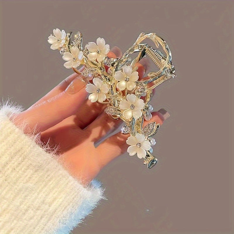 1pc Elegant Rhinestone & Faux Imitation Pearl Lily Flower Hair Clip - Secure Shark Grip for Updos, Medium Size Hair Claw for Weddings, Parties, Prom - Sparkling Floral Hair Accessories for Women, Wedding Hairpiece, Emotional