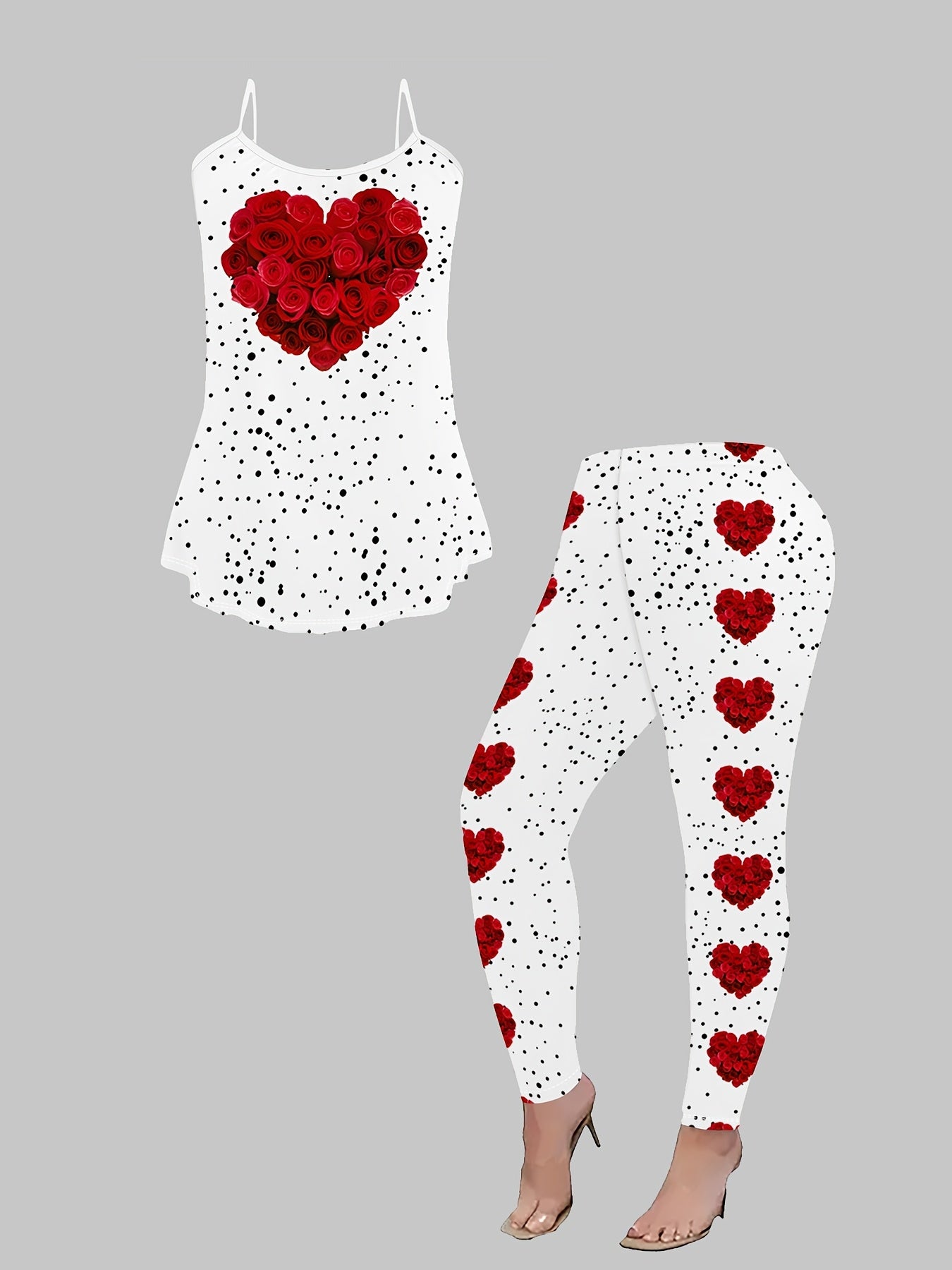 Elegant 3pcs Valentine's Day Outfit Set - Polyester Knit Fabric Crew Neck Top and Pants - All Over Heart & Rose Flower Print, 95% Polyester, 5% Spandex, Versatile All-Season Wear