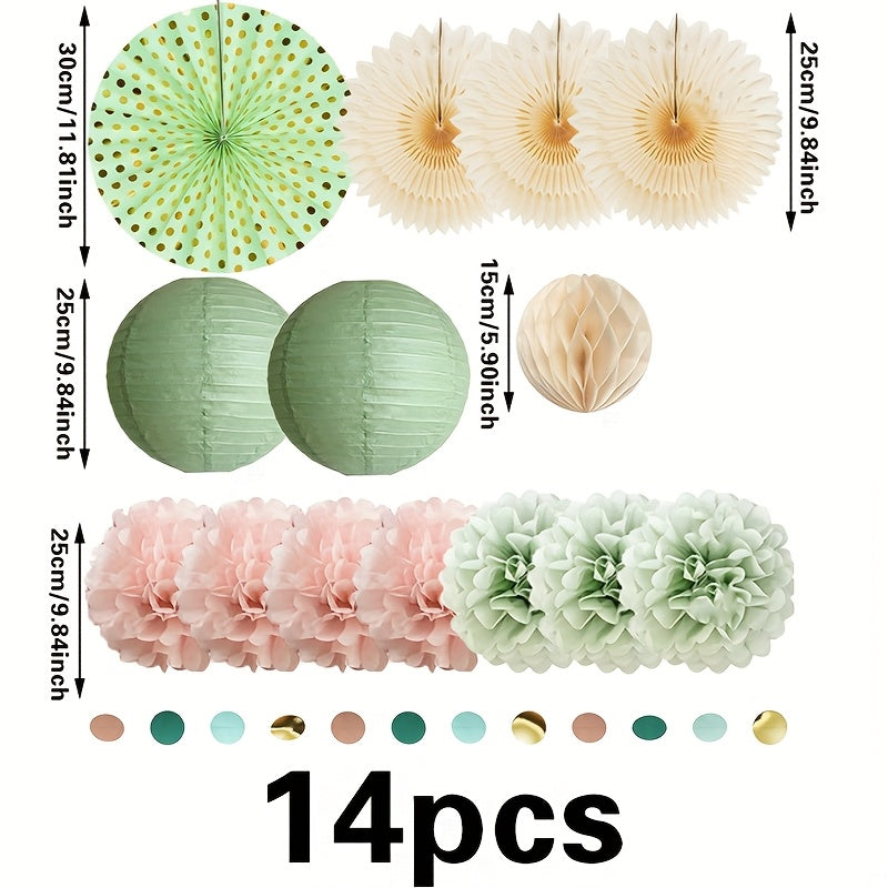 14pcs-Sage Green Paper Fan Lantern Set Bean Green Paper Flower Round Pieces String Wedding Party Decoration Supplies